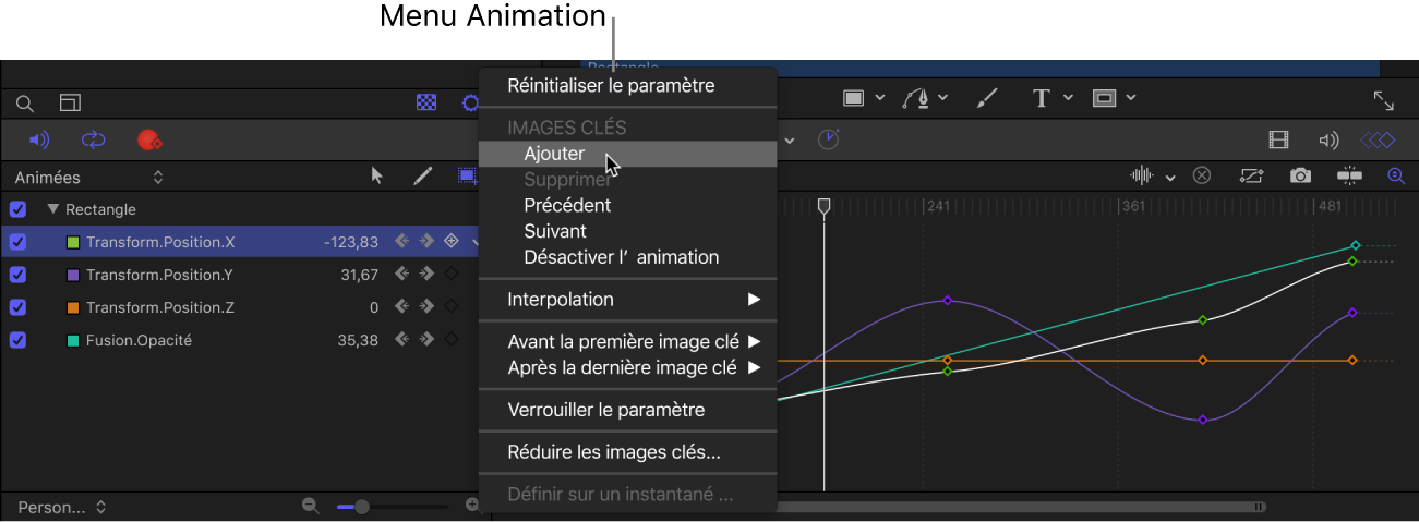 Liste des paramètres de l’éditeur d’images clés affichant le menu Animation
