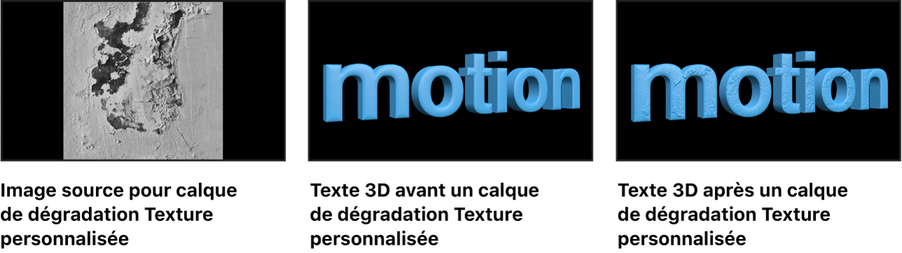 Canevas affichant une image utilisée comme calque de déprédation Bosses personnalisées, et le texte 3D avant et après l’application de ce calque