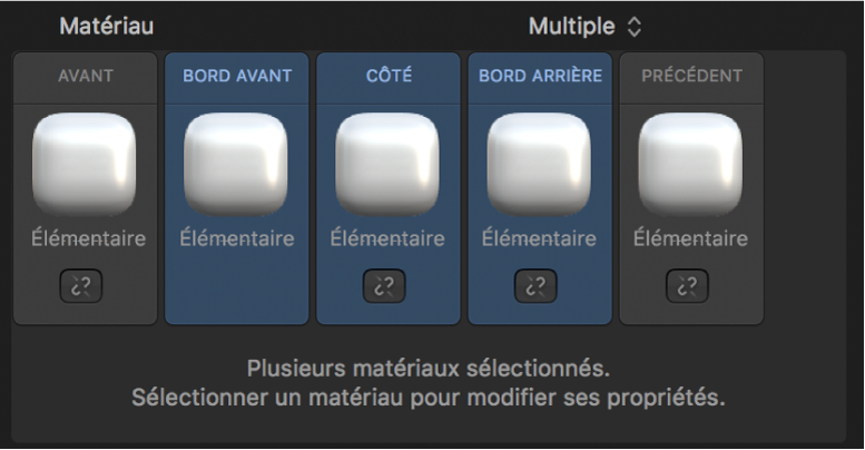 Inspecteur de texte 3D affichant le menu local Matériau réglé sur Multiple et identifiant les commandes de liaison
