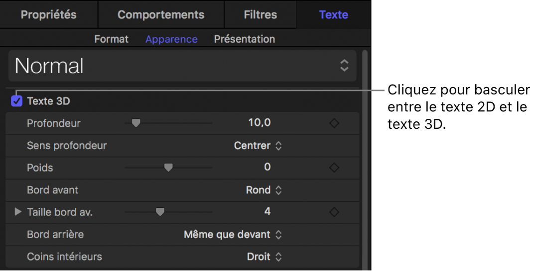 Case d’activation Texte 3D dans la fenêtre Apparence de l’inspecteur de texte