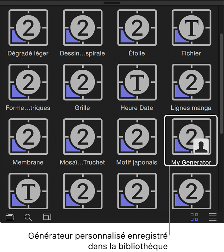 Bibliothèque affichant un générateur personnalisé