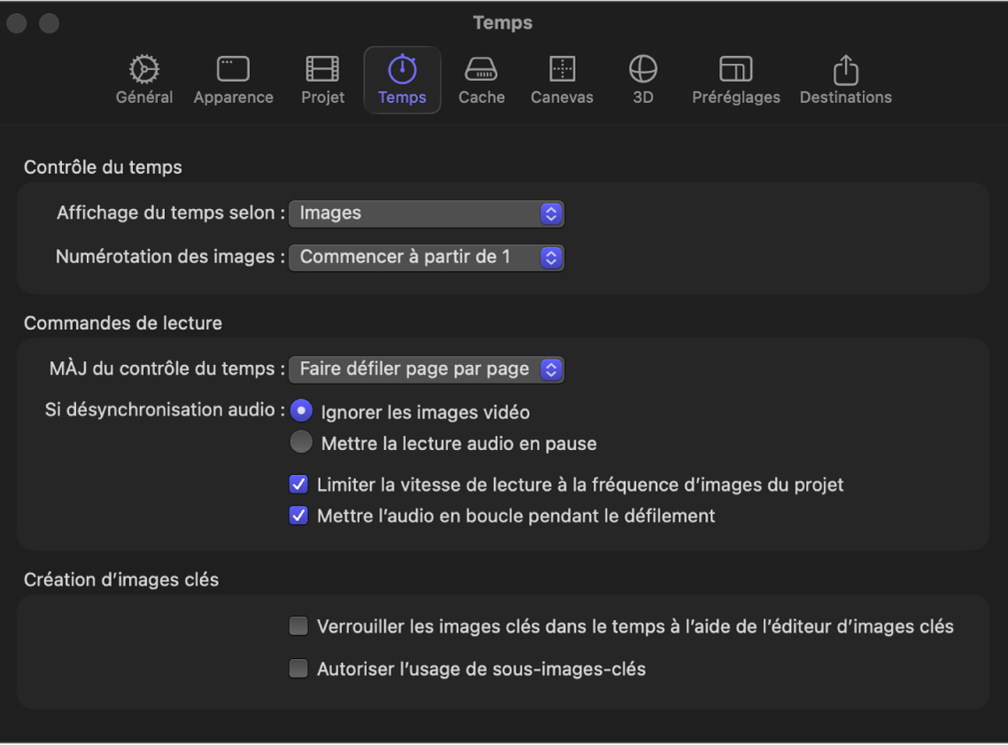 Fenêtre Réglages de Motion montrant la fenêtre Temps