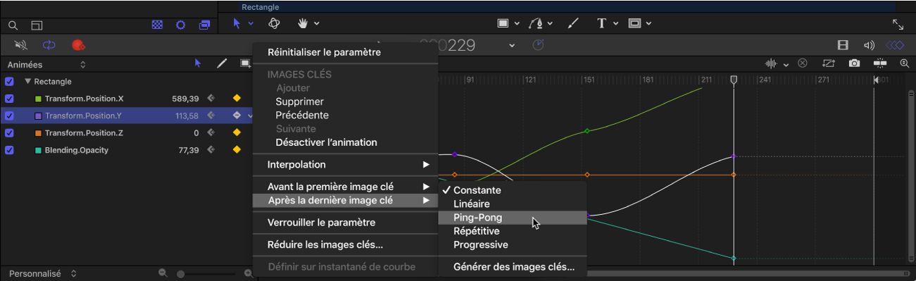 Éditeur d’images clés affichant le sous-menu « Avant la première image clé » du menu Animation