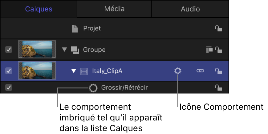 Liste Calques affichant des comportements appliqués à un objet