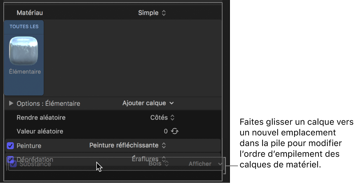 Déplacement par glisser-déposer d’un calque de matériau au-dessus d’un autre dans la fenêtre Apparence de l’inspecteur de texte