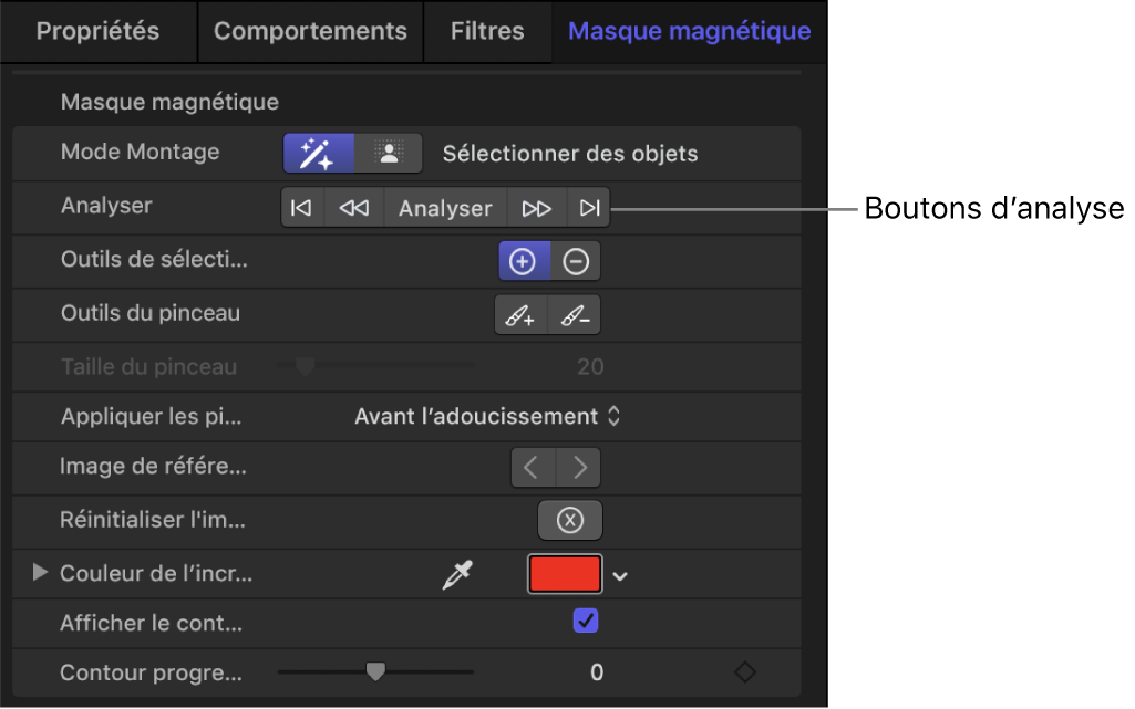 Boutons d’analyse dans l’inspecteur de masque magnétique pour indiquer les parties du plan auxquelles appliquer le masque. Les boutons sont, de gauche à droite, « Images précédente », « Analyse à rebours », Analyser, « Analyse vers l’avant » et « Image suivante ».