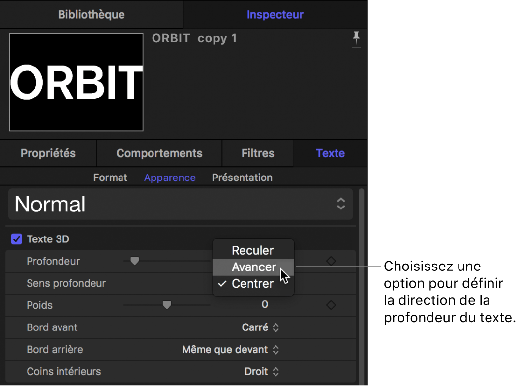 Fenêtre Apparence de l’inspecteur de texte affichant les options du menu local Sens de profondeur