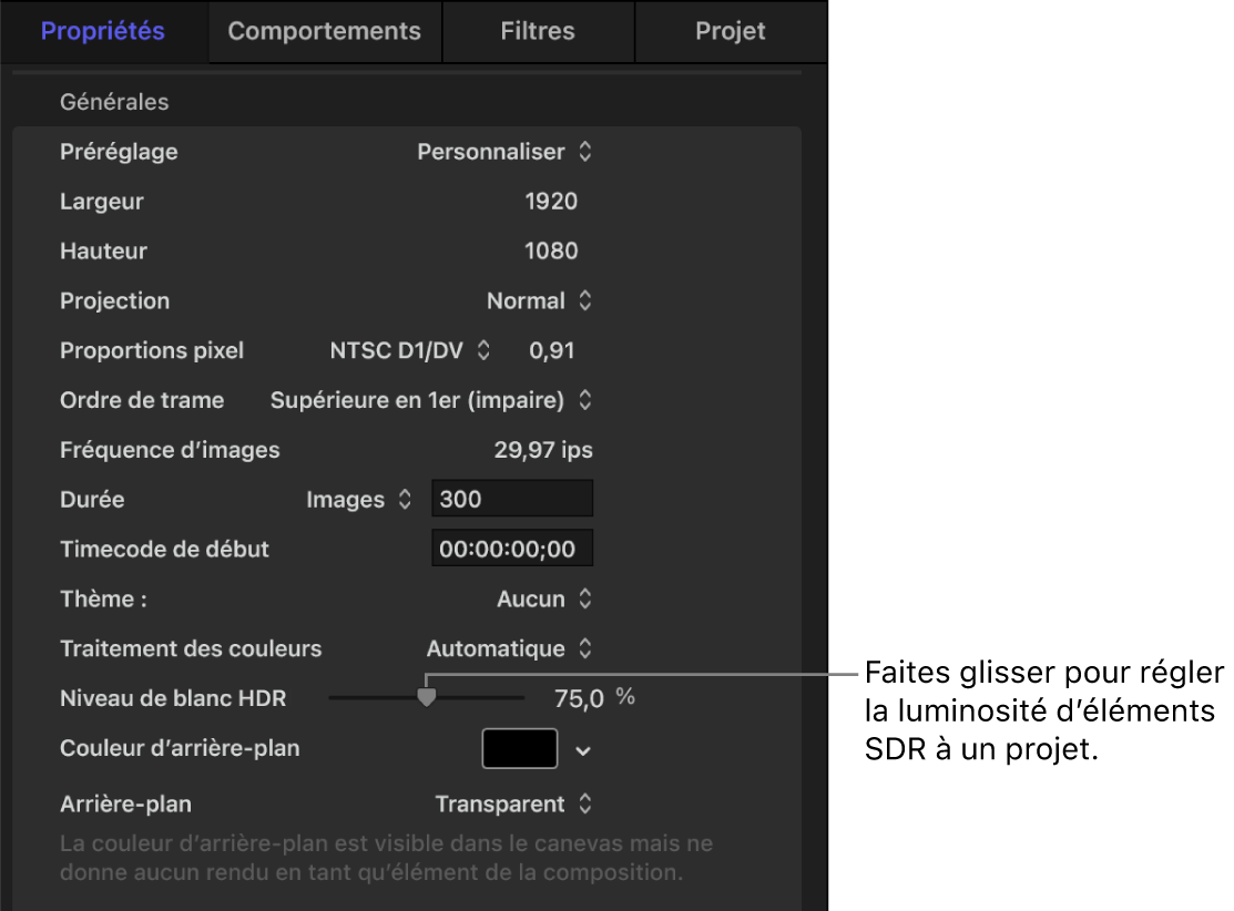 Inspecteur des propriétés du projet montrant la curseur « Niveau de blanc HDR ».