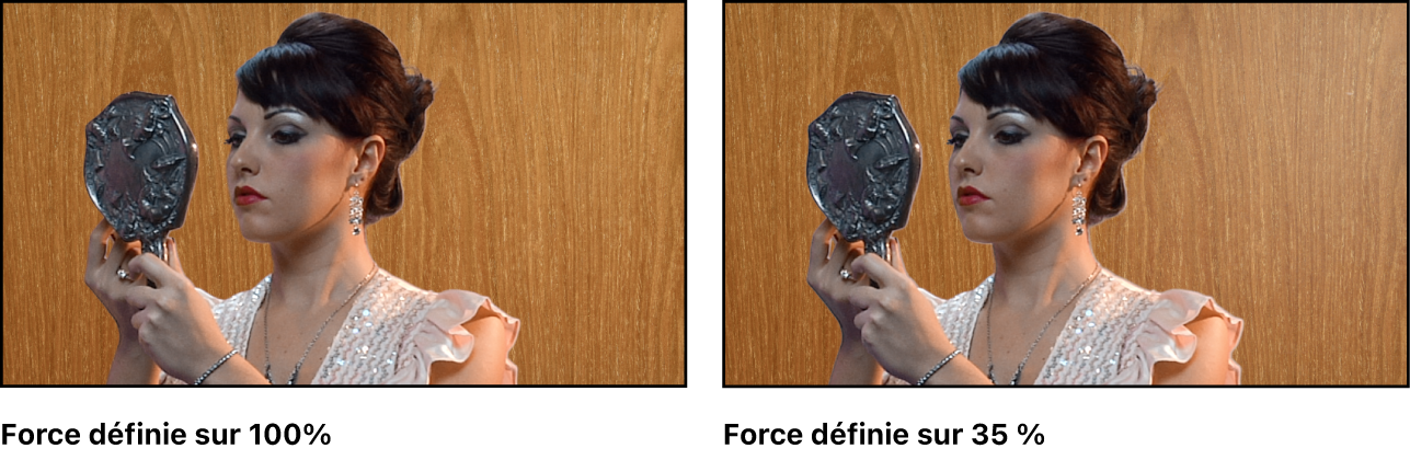 Comparaison de deux images incrustées dans le canevas. Dans le premier exemple, la valeur Force est définie sur 100 pour cent. Dans le deuxième exemple, la valeur Force est définie sur 35 pour cent.