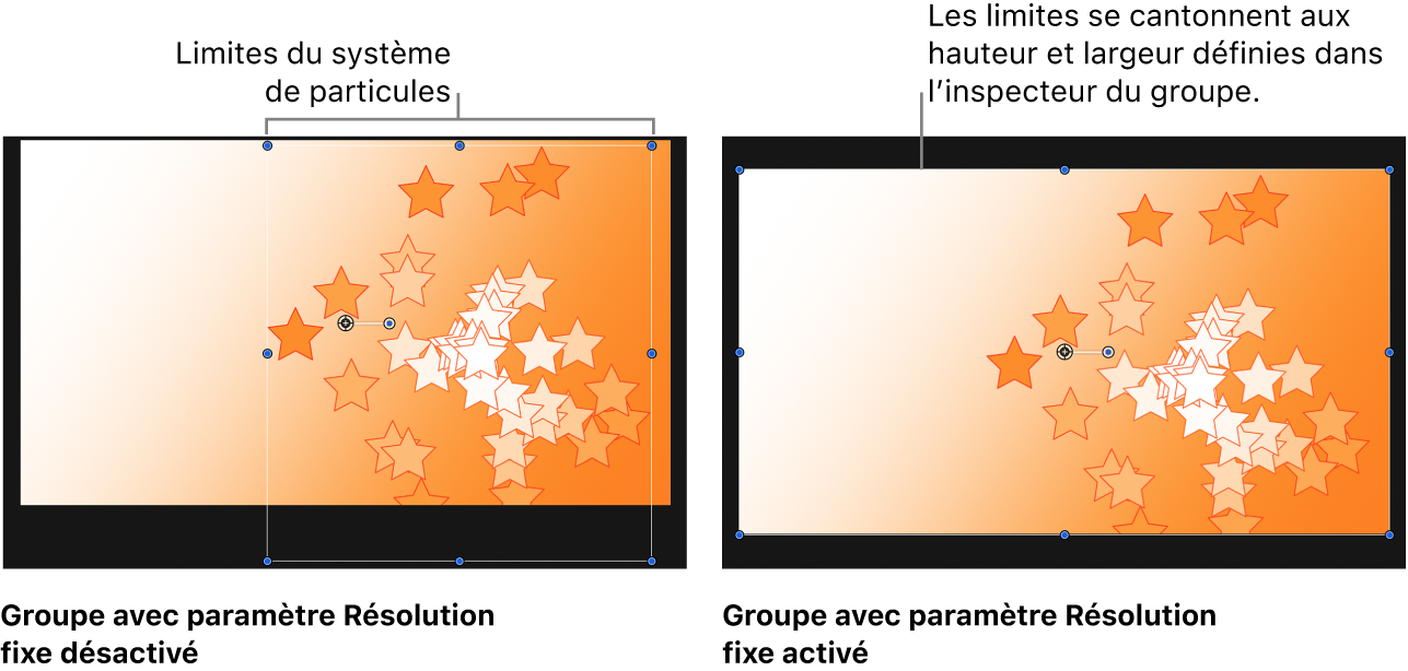Canevas affichant la taille par défaut d’un groupe contenant des particules