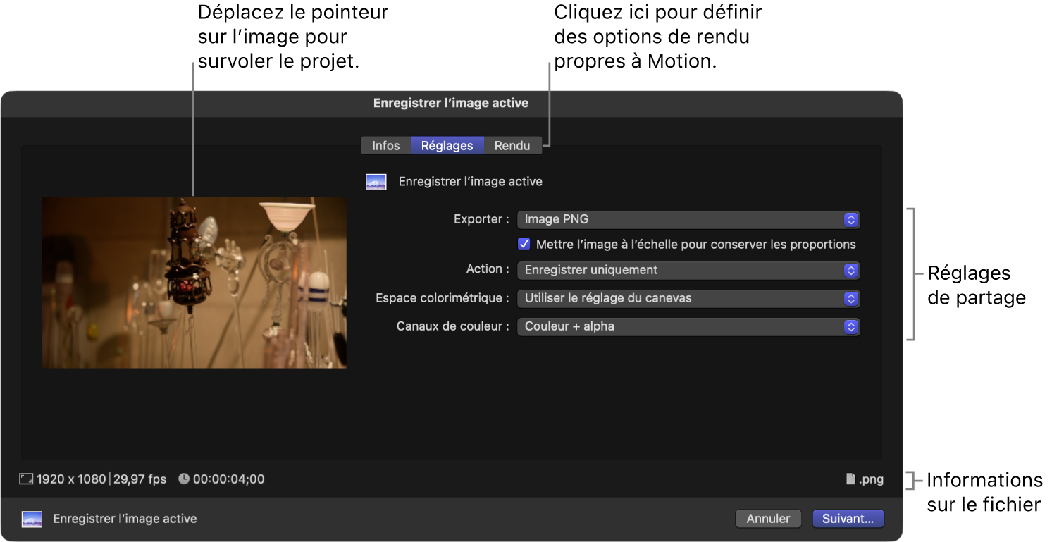 Sous-fenêtre Réglages de la fenêtre Enregistrer l’image active