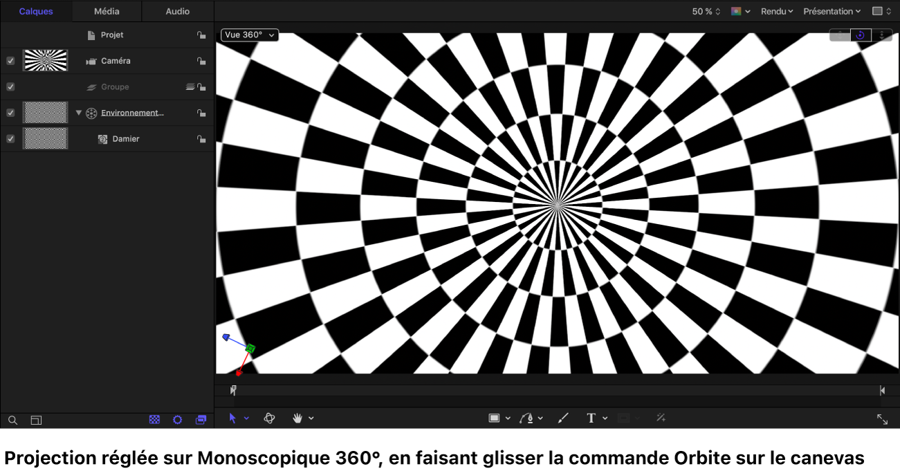 Canevas avec un générateur Damier affiché dans la projection monoscopique 360° tout en faisant glisser la commande Orbite