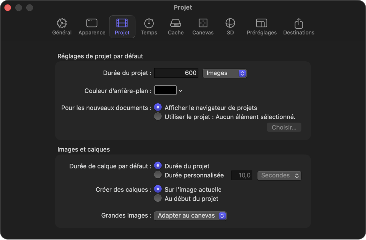 Fenêtre Réglages de Motion montrant la fenêtre Projet