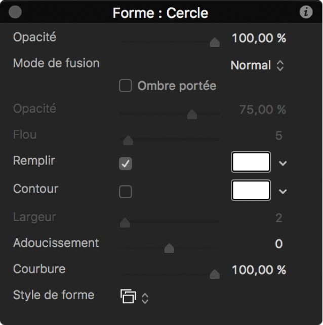 Palette affichant le curseur Opacité réglé sur 100 %