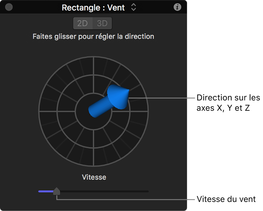 Palette avec commandes spéciales pour le comportement Vent en mode 3D