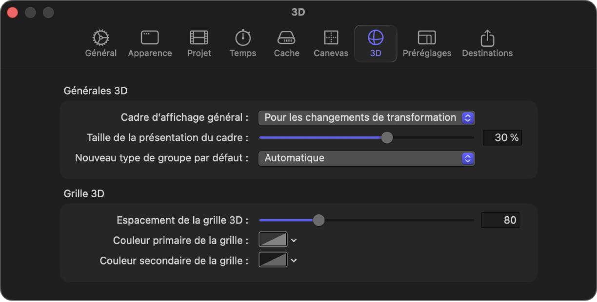 Fenêtre Réglages de Motion montrant la fenêtre 3D
