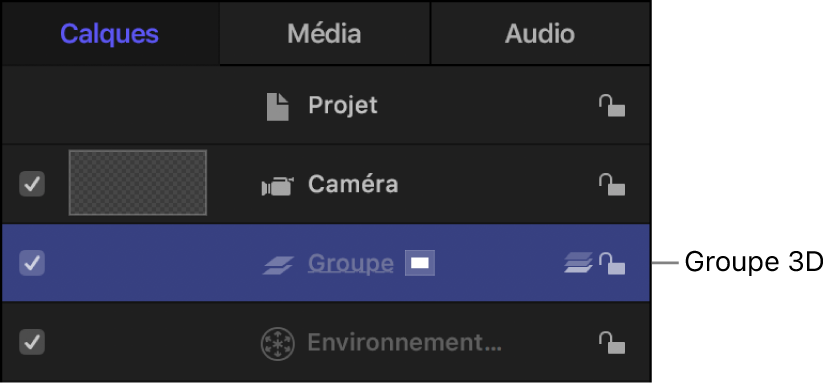 Liste Calques affichant un groupe 3D