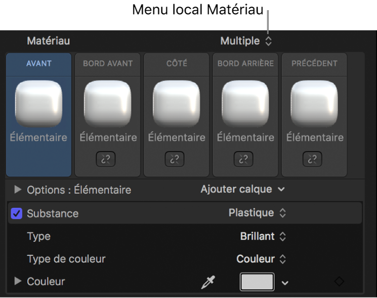 Inspecteur de texte 3D affichant le menu local Matériau réglé sur Multiple