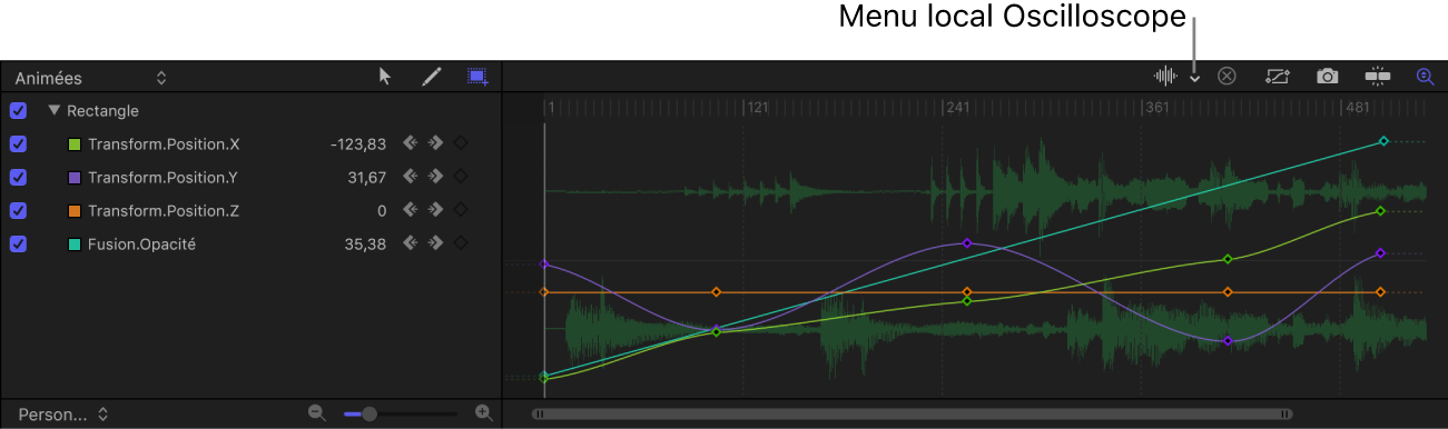 Menu local Forme d’onde audio dans l’éditeur d’images clés