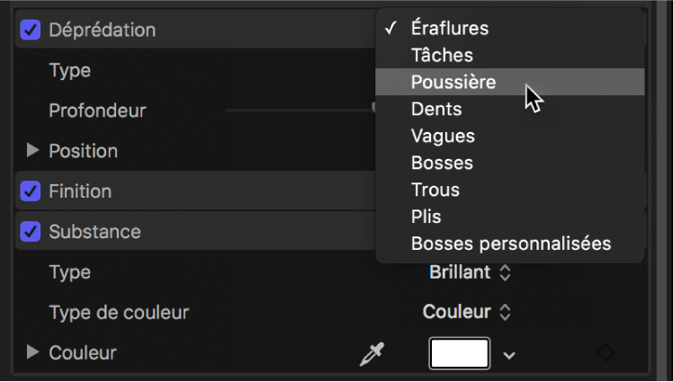 Inspecteur de texte 3D affichant le menu local Déprédation