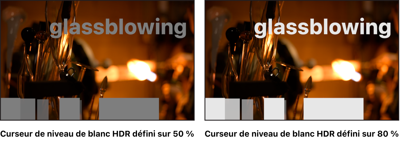 Canevas montrant les effets d’ajuster le curseur « Niveau de blanc HDR » dans un projet HLG avec des éléments SDR blancs.