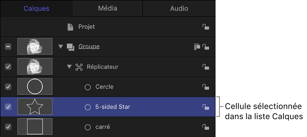 Liste Calques avec la cellule du réplicateur sélectionné