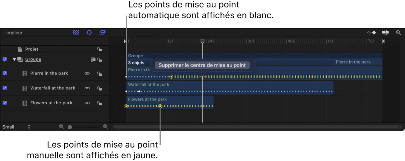 Plans vidéo en mode Cinématique dans la timeline avec des centres de mise au point automatiques blancs et des centres de mise au point manuels jaunes