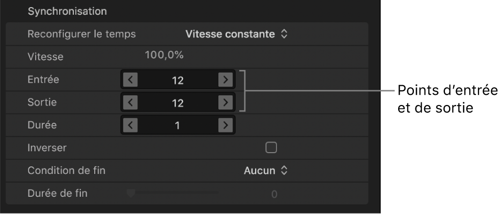 Paramètres Point d’entrée et Point de sortie dans les commandes Synchronisation au sein de l’inspecteur des propriétés
