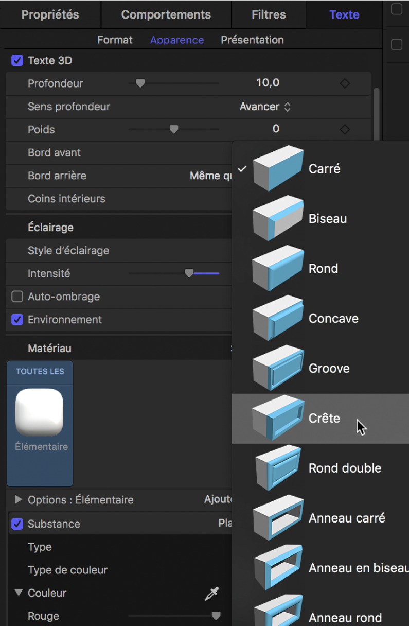 Inspecteur affichant des options de forme Bord avant du texte 3D