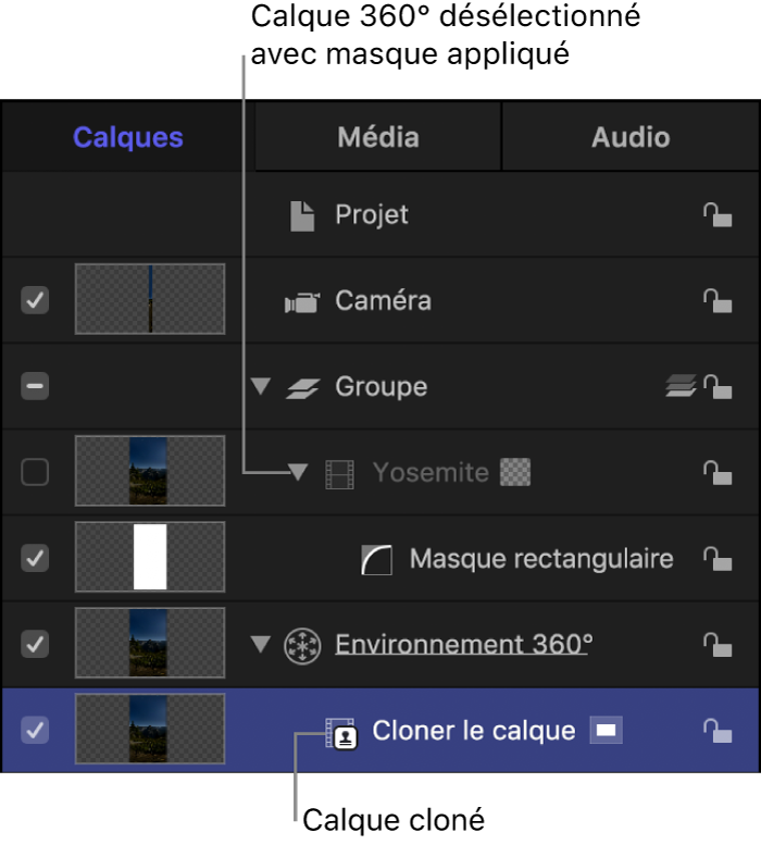 Calque cloné déplacé sur l’environnement 360°