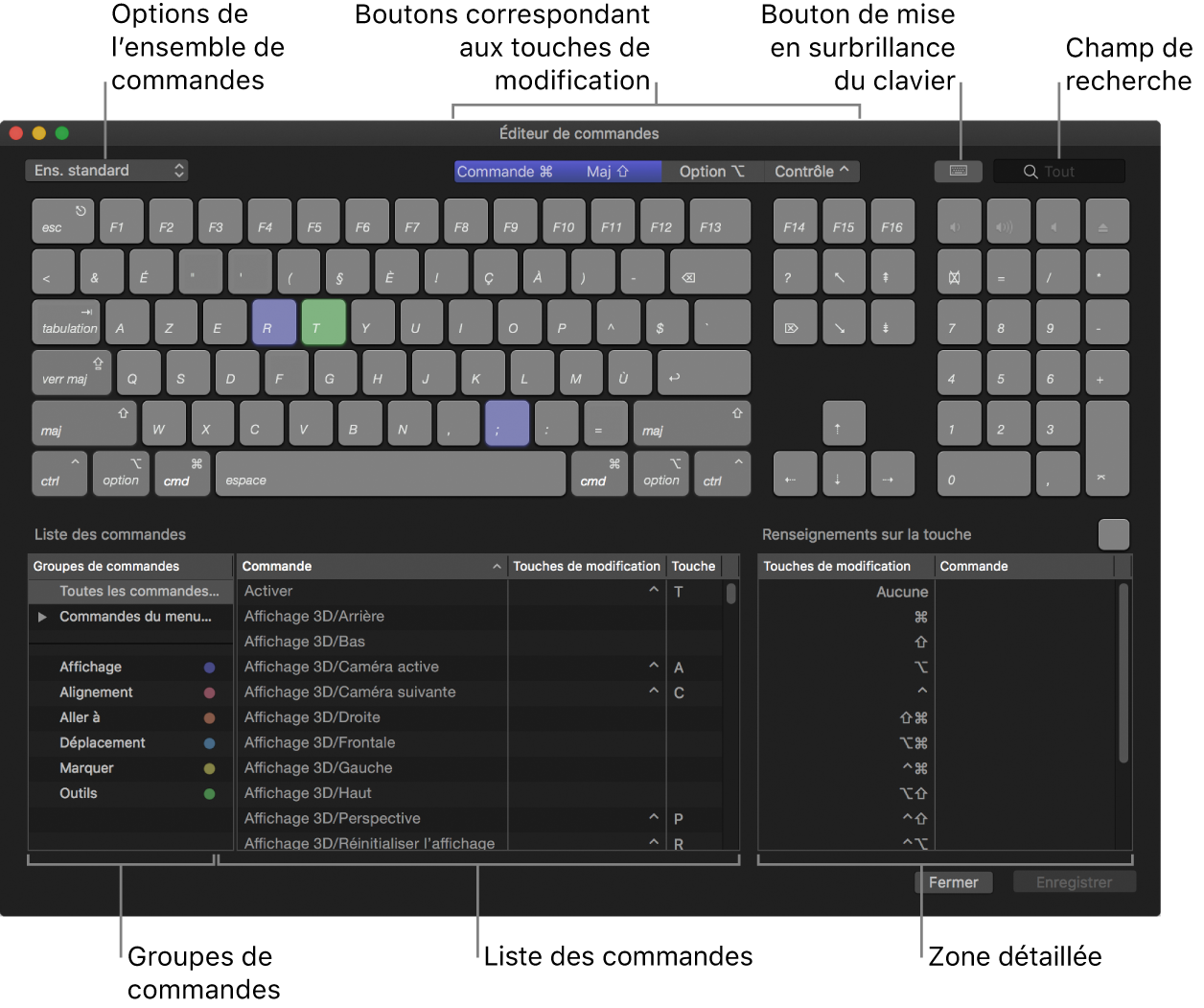 Éditeur de commandes affichant les options d’ensemble de commandes, les boutons de touche de modification, le bouton de mise en surbrillance du clavier, le champ de recherche, les groupes de commandes, la liste des commandes et la zone « Renseignements sur la touche »