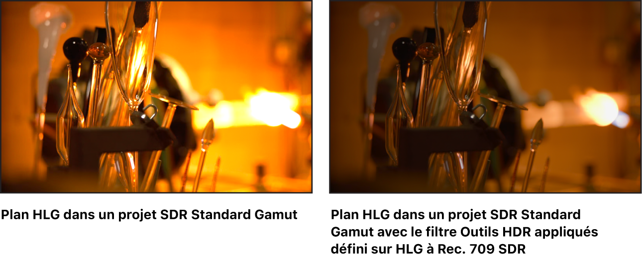 Le canevas montrant les résultats de l’application du filtre « Outils HDR » à un plan HLG.
