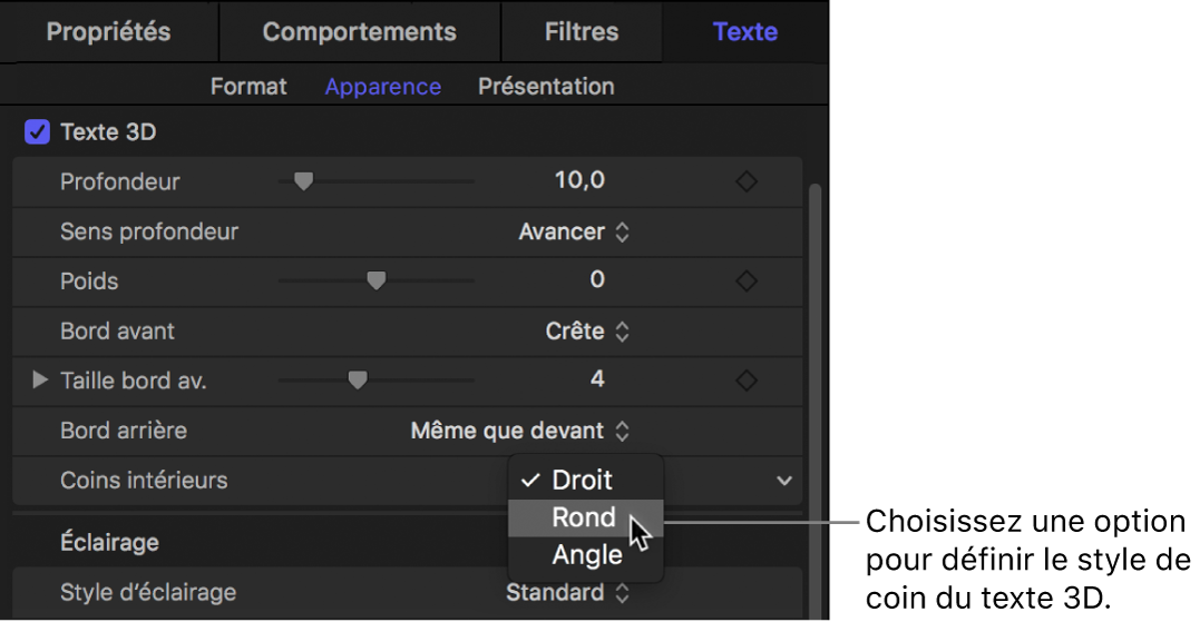 Fenêtre Apparence de l’inspecteur de texte affichant les options du menu local Coins intérieurs