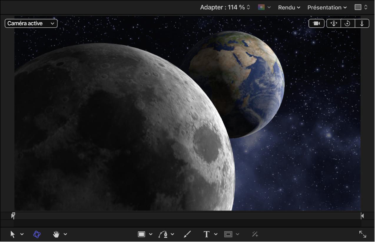 Objets 3D représentant la Terre et la Lune dans le canevas avec une valeur « Environnement d’objet 3D » réduite et des lumières ajoutées au projet