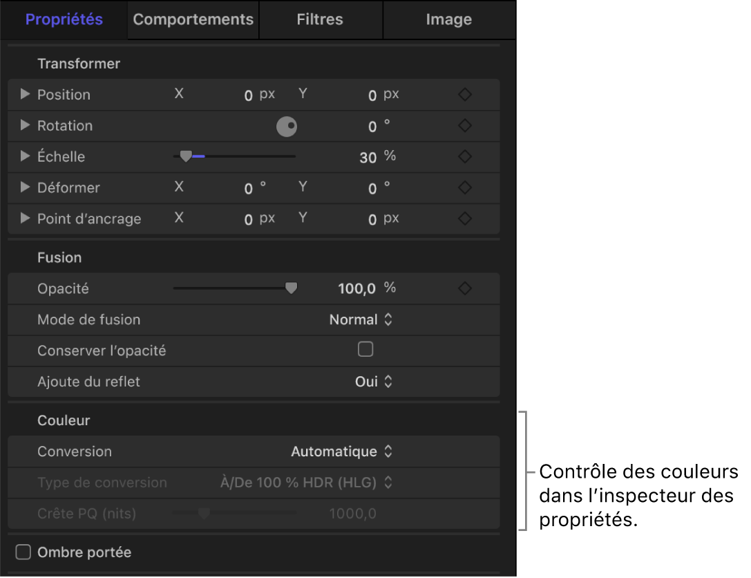 L’inspecteur des propriétés montrant les paramètres Couleur dans un projet Automatique.