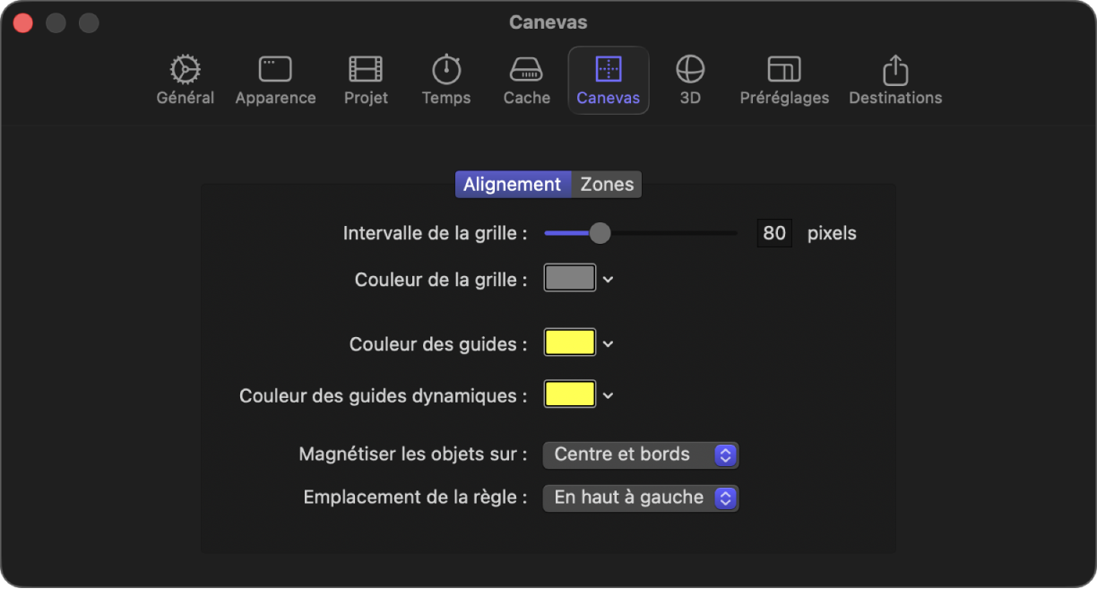 Fenêtre Réglages de Motion affichant la fenêtre Alignement du canevas