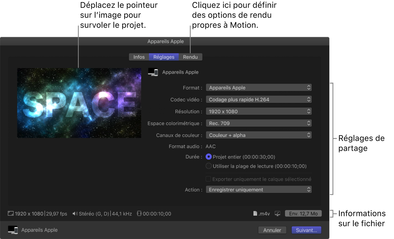 Sous-fenêtre Réglages de la fenêtre Appareils Apple