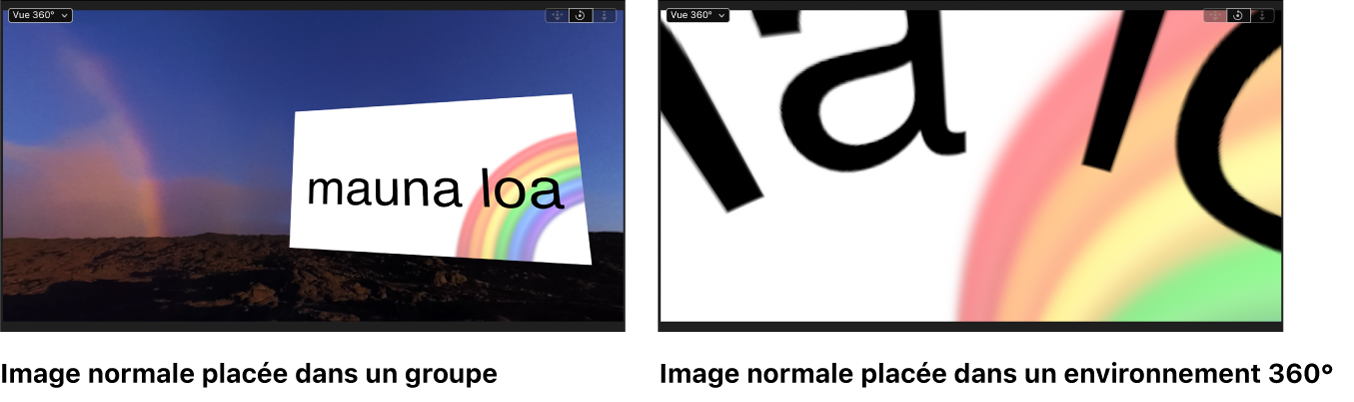 Images montrant une image équirectangulaire s’affichant correctement dans un environnement 360° et image standard semblant déformée dans un environnement 360°
