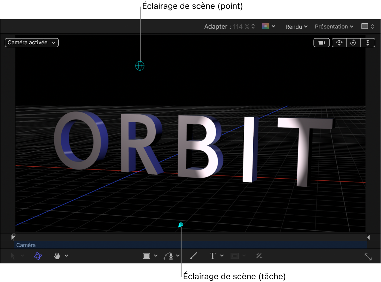 Canevas affichant un objet texte 3D avec une lumière de scène