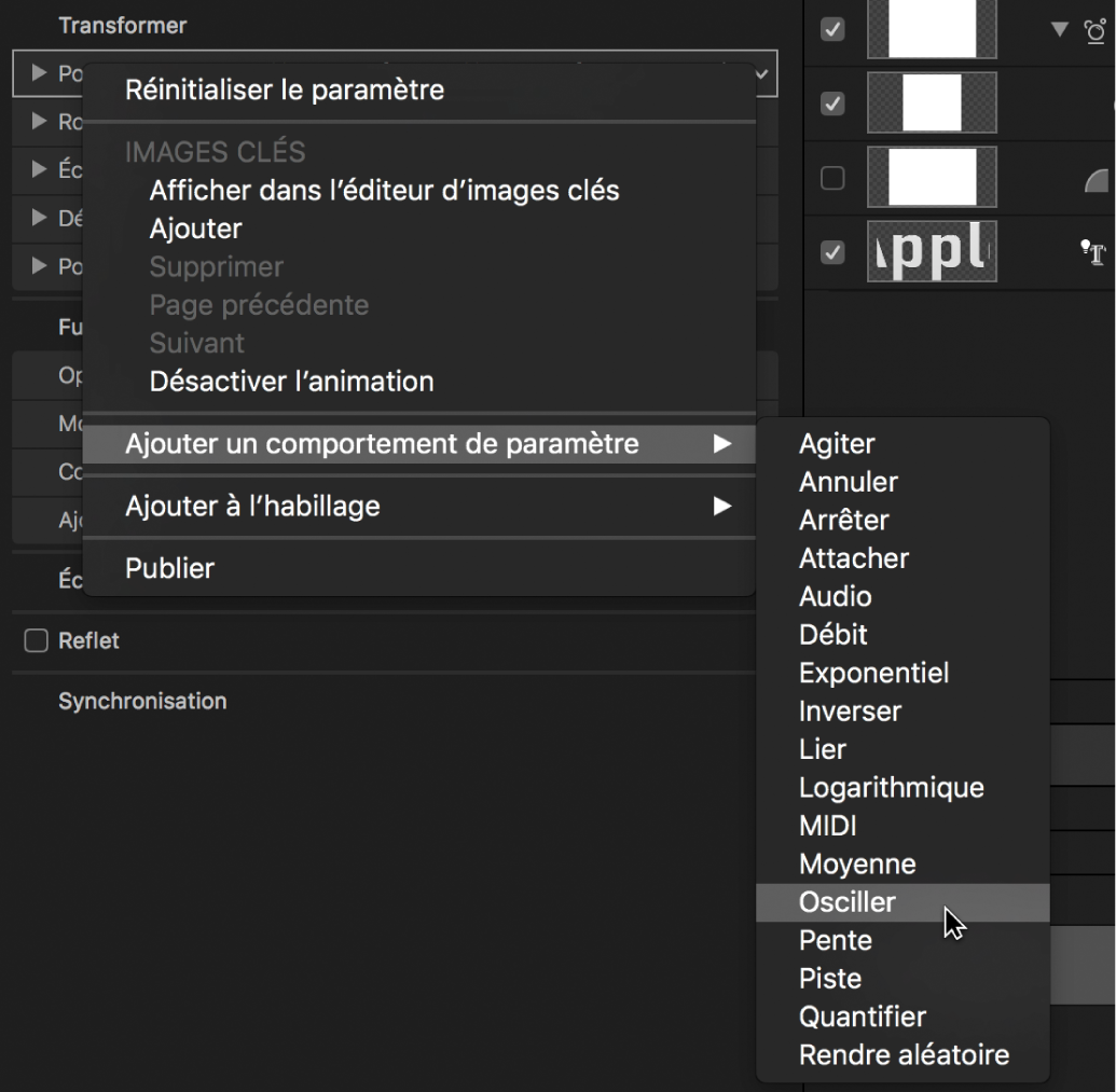 Sélection de l’option « Ajouter un comportement de paramètre » dans le menu contextuel