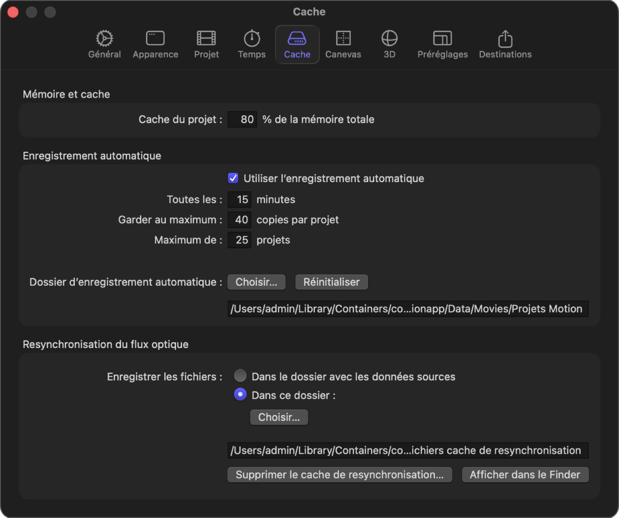 Fenêtre Réglages de Motion montrant la fenêtre Cache