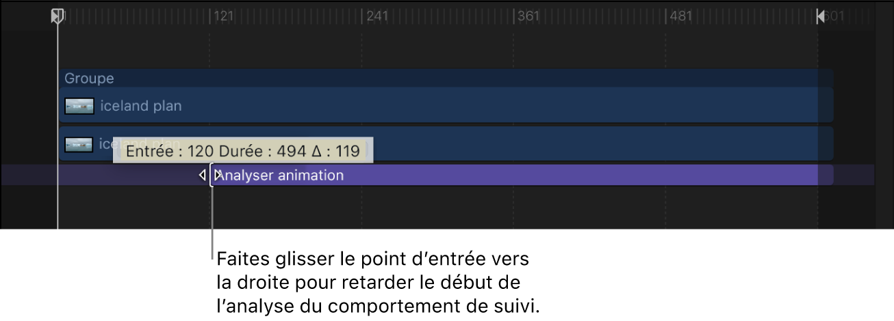 Réglage du point d’entrée d’un comportement de suivi dans la timeline