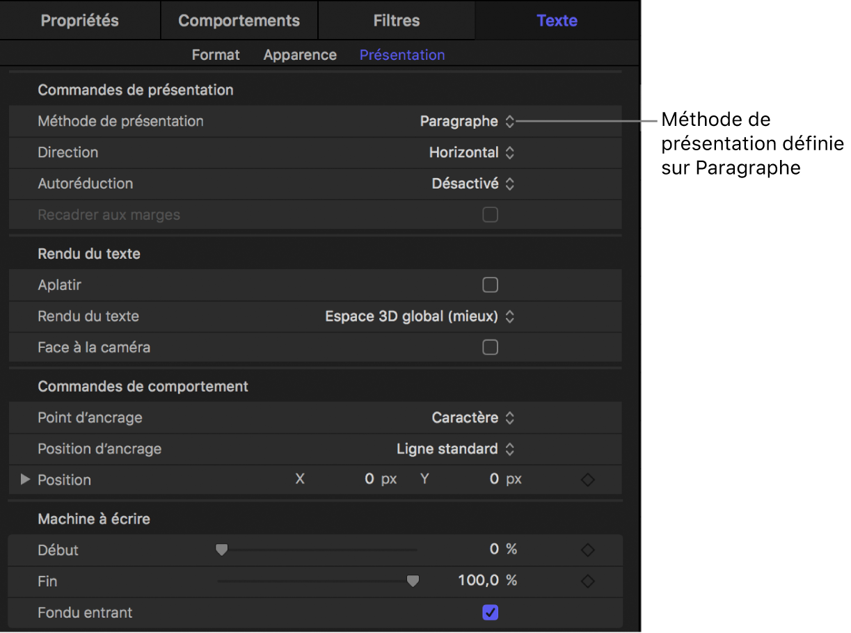 Menu local Méthode de présentation réglé sur Paragraphe avec des commandes de marges actives, dans la fenêtre Présentation de l’inspecteur de texte