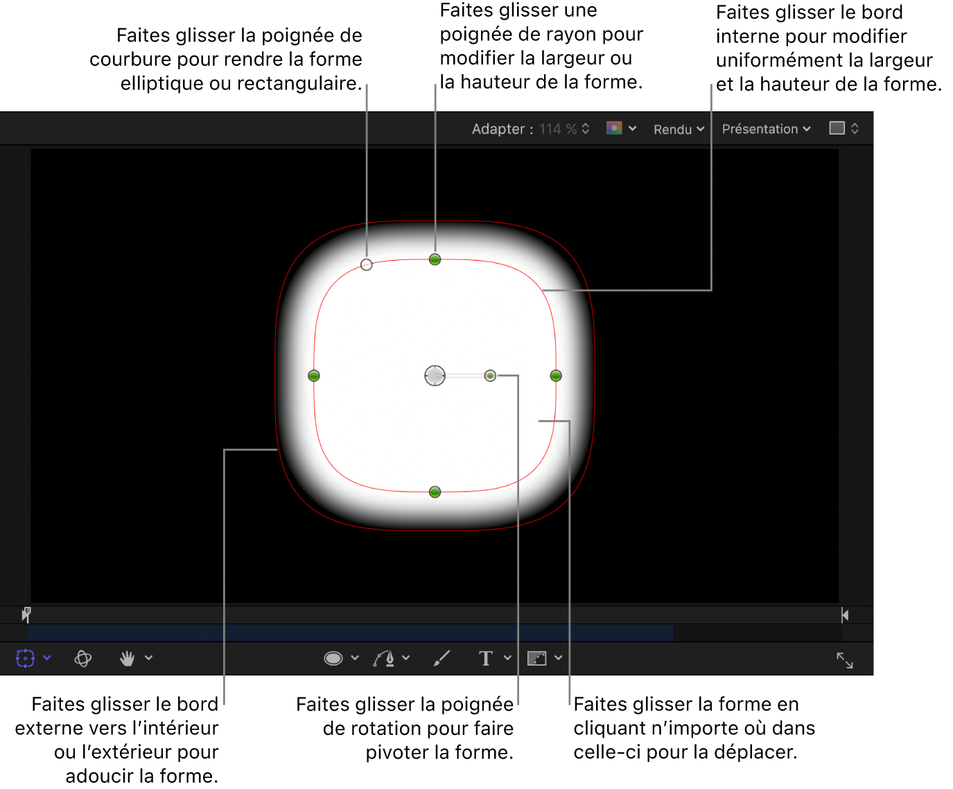 Commandes à l’écran permettant de régler la taille, le contour progressif, la courbure et la rotation d’une forme simple