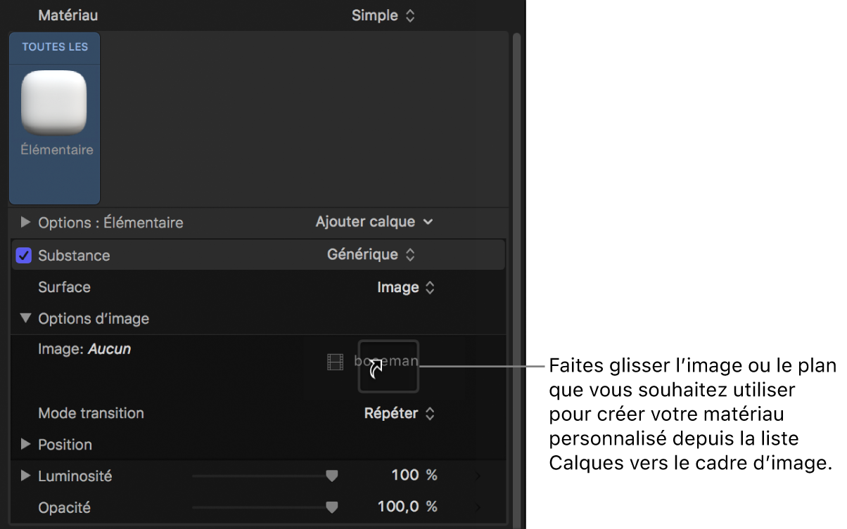 Déplacement par glisser-déposer d’une image personnalisée dans le cadre d’image des commandes Options d’image de la fenêtre Apparence de l’inspecteur de texte