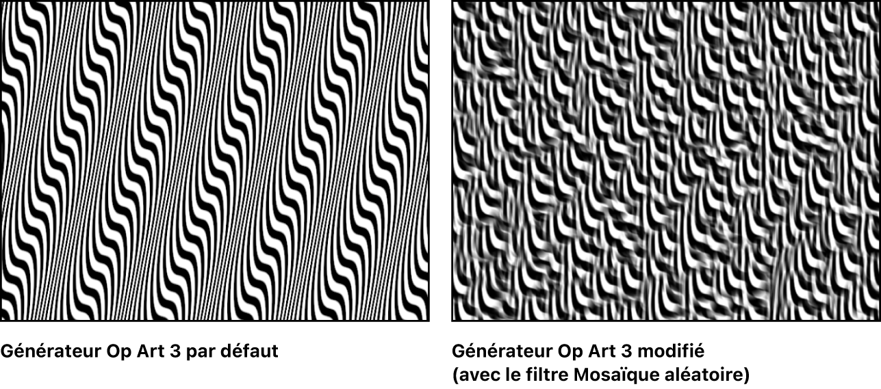 Canevas affichant le générateur Op Art 3, seul et combiné avec un filtre Mosaïque aléatoire appliqué