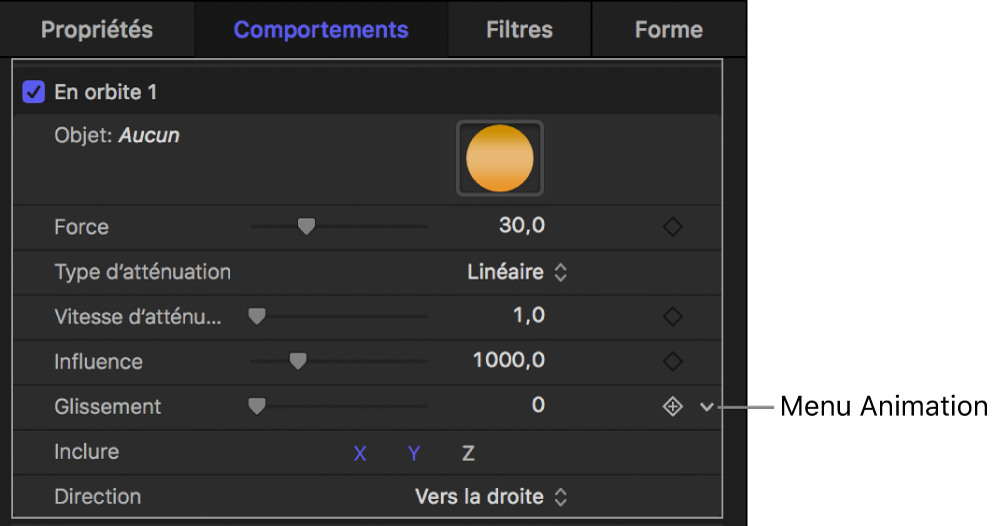 Icône du menu Animation dans l’inspecteur