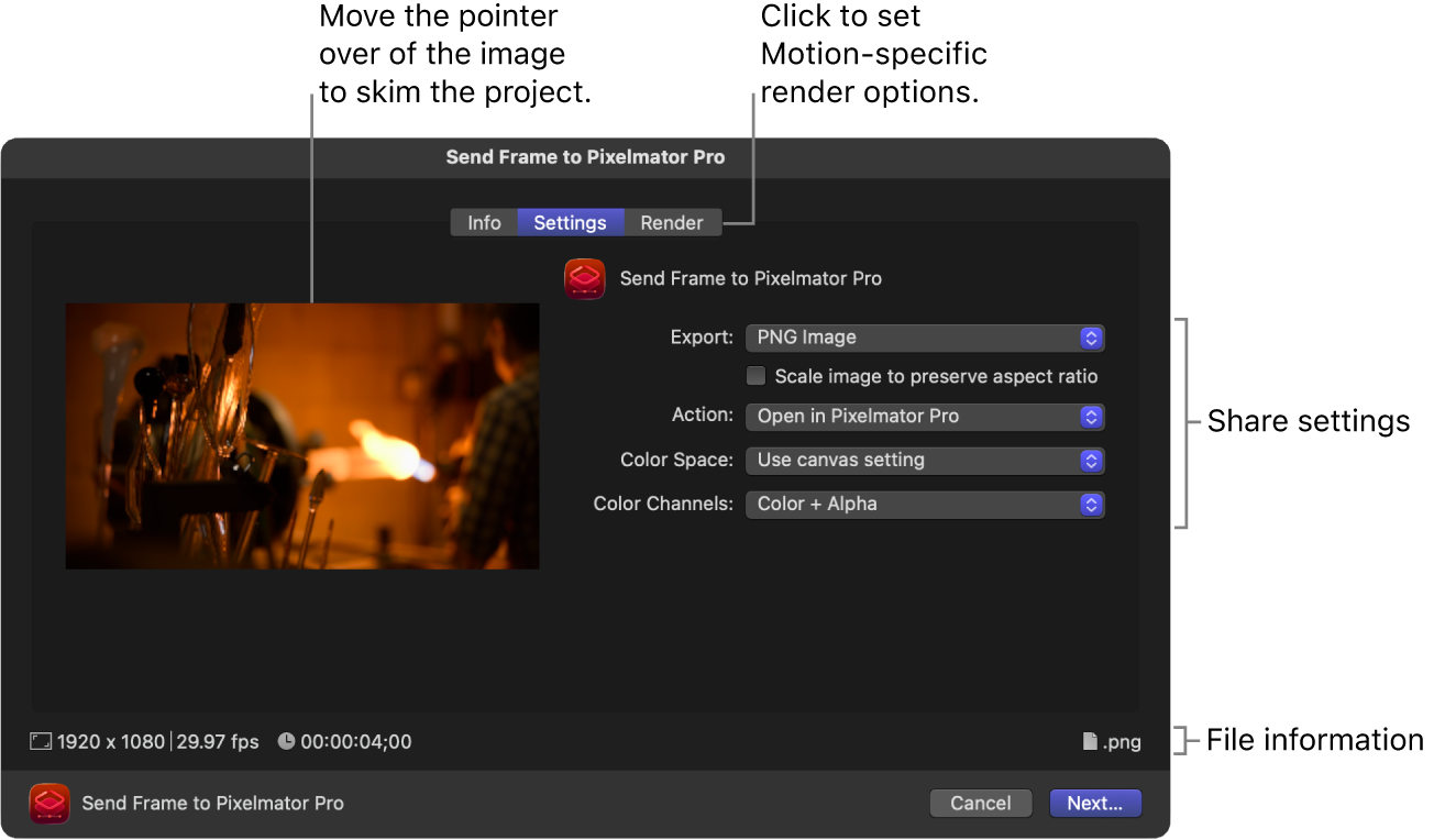 프레임을 Pixelmator Pro로 보내기 윈도우의 설정 패널
