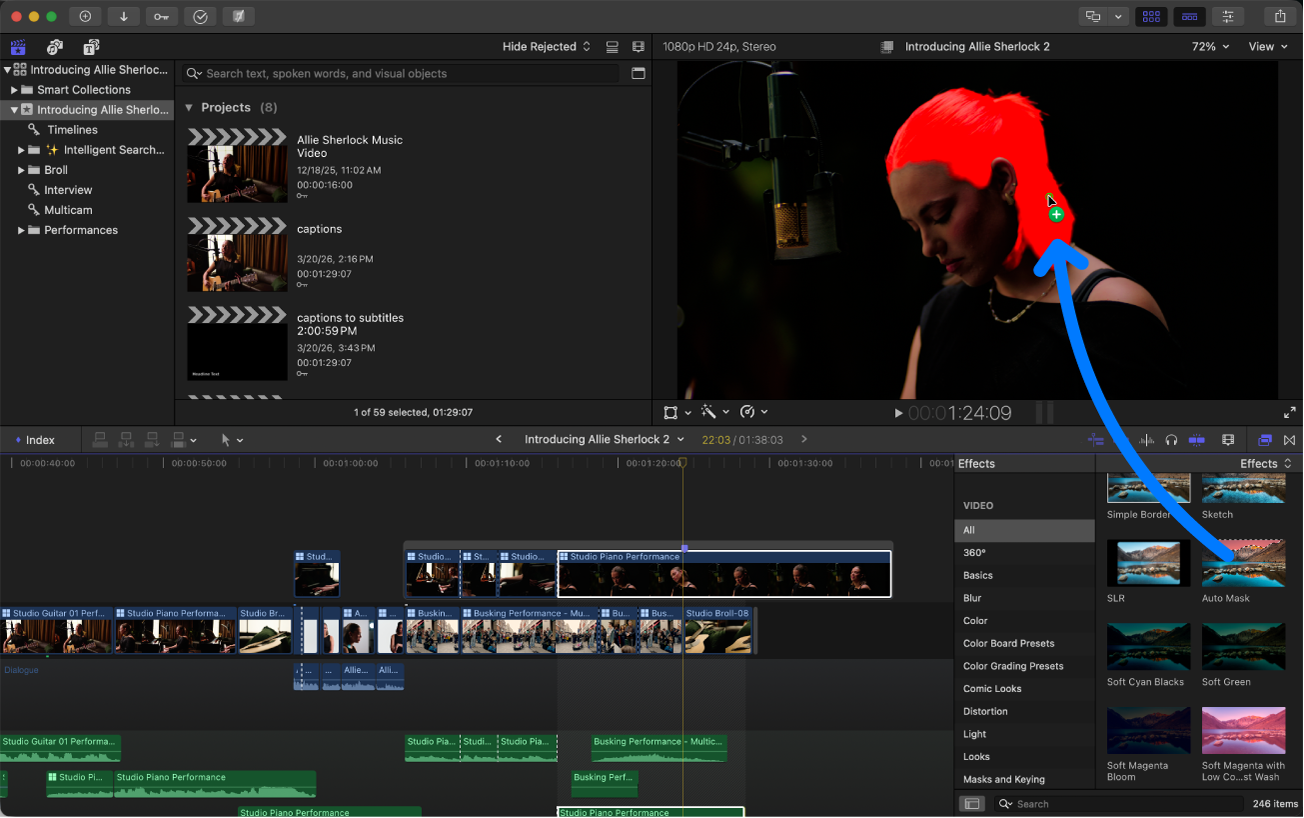 Der Effekt „Automatische Maske“ wird aus der Übersicht „Effekte“ auf die Haare einer Person im Vordergrund des Viewer gezogen. Beim Ziehen des Effekts werden die Haare hervorgehoben, um anzuzeigen, wo „Automatische Maske“ angewendet wird.