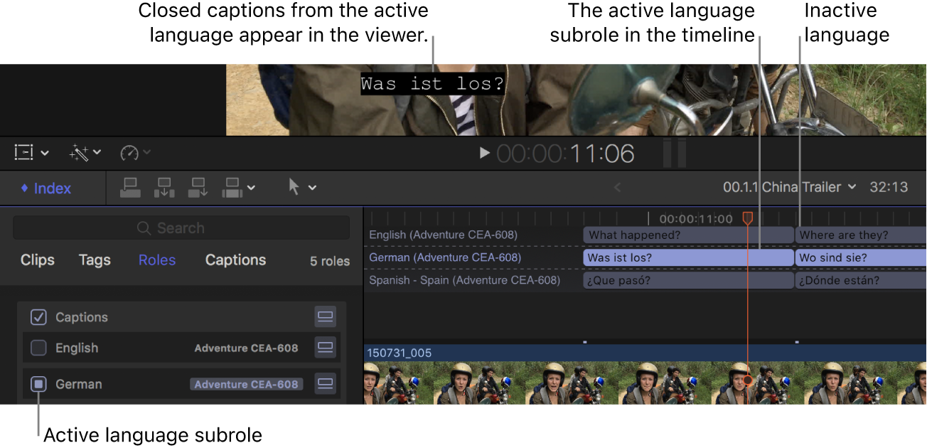 Ein deutscher erweiterter Untertitel im Viewer, die im Timeline-Index ausgewählte Sprachsubrolle für Deutsch und die in der Timeline hervorgehobenen Clips mit erweiterten Untertiteln für Deutsch